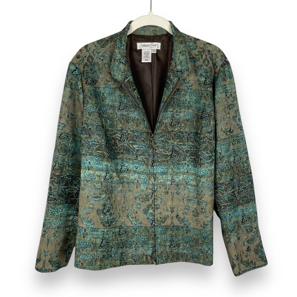VTG Coldwater Creek Tapestry Jacket LP Green Floral Shimmery Boho Fairy Grunge